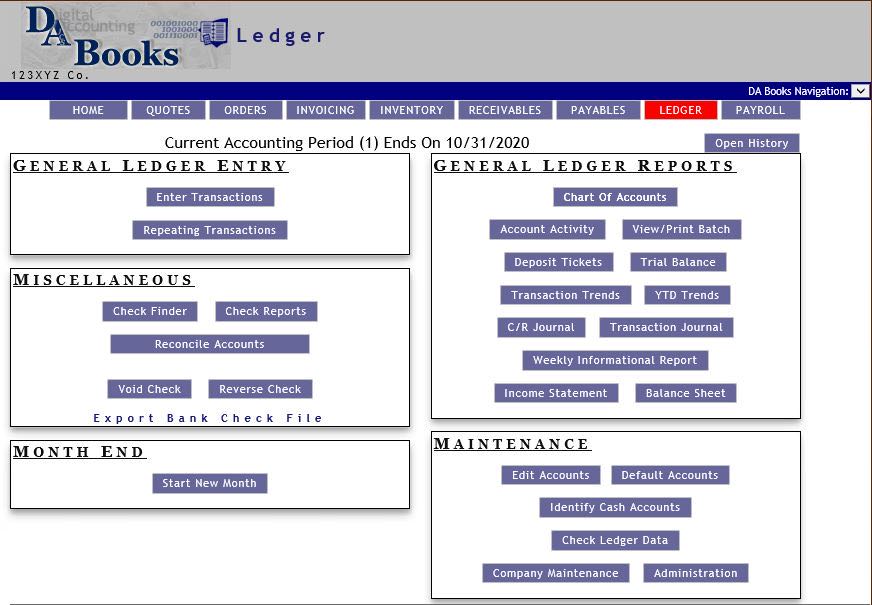 DA Books general ledger screen